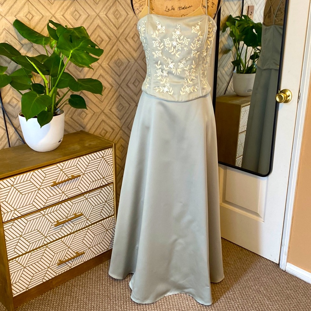 Moss-grey floor length gown with wrap